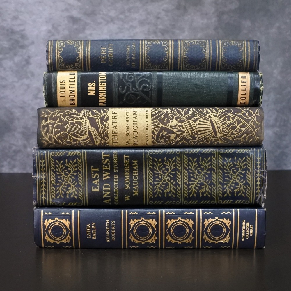 Vintage Hardcover Stack Black Blue Green Gold Shabby Old Book Shelf Decor Set